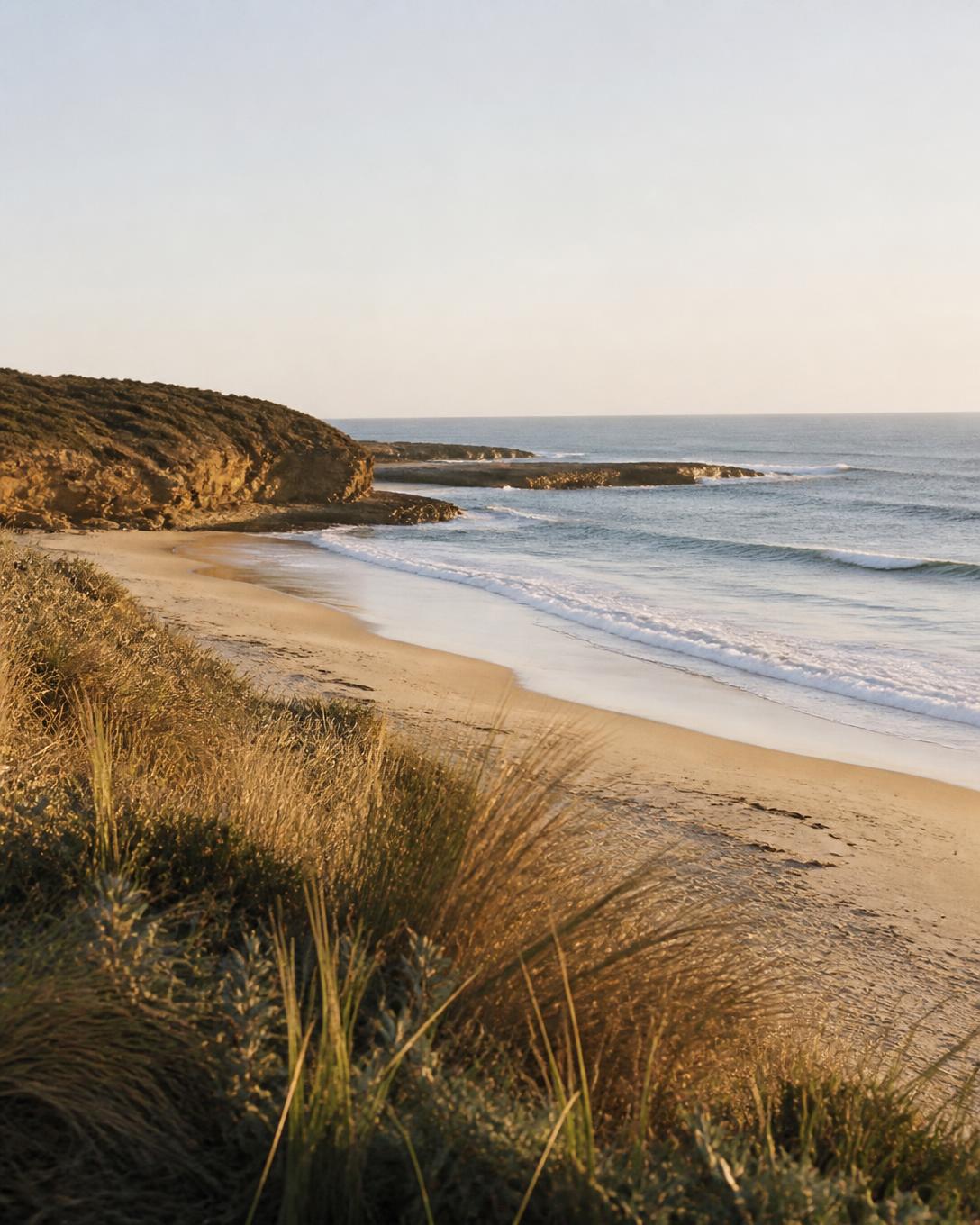 Early morning light over a quiet Australian beach with coastal grasses